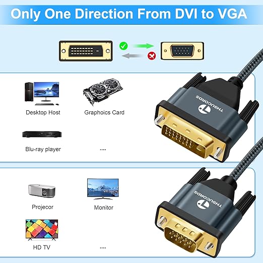 DVI to VGA Cable 3.3FT, Uni-Directional DVI-D to VGA Adapter Male to Male Gold-Plated Braided 1080P Full HD Cord for HDTV, PC,Laptop, Monitor, Projector