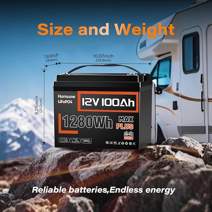 12V 100Ah LiFePO4 Battery MAX PLUS 4 Pack - 110A BMS with Low Temp Cutoff | 15000+ Deep Cycles for RV Solar Marine Trolling Motor | Off-Grid Backup Power Rechargeable Lithium Iron Phosphate Battery
