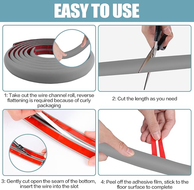 Floor Cord Cover Self Adhesive Cord Hider,3.3FT Cable Management, Extension Strip Protector for Wires, Prevent Cable Trips for Offices, Gyms, Exhibitions Cavity:0.47"(W) x 0.35"(H) Gray