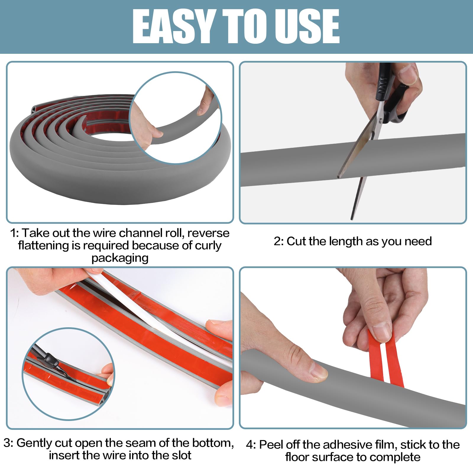 Floor Cord Cover Self Adhesive Cord Hider,10FT Cable Management, Extension Strip Protector for Wires, Prevent Cable Trips for Offices, Gyms, Exhibitions Cavity:0.39"(W) x 0.27"(H) Gray