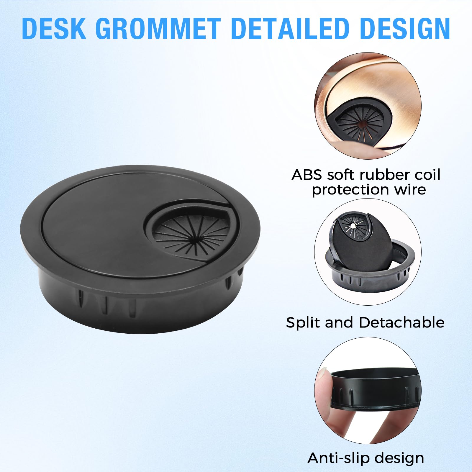 Desk Grommet 2-3/8" (60 mm), 2 Pcs Flat Black Desk Cord Hole Cover