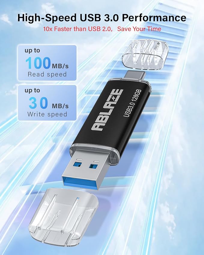 ABLAZE USB C Flash Drive 128GB 2 Pack, Dual USB 3.0+Type C Flash Drive Compatible with iPhone 16/15, Android Smartphone, Computer,Tablet Mac Laptop (2 Pack)