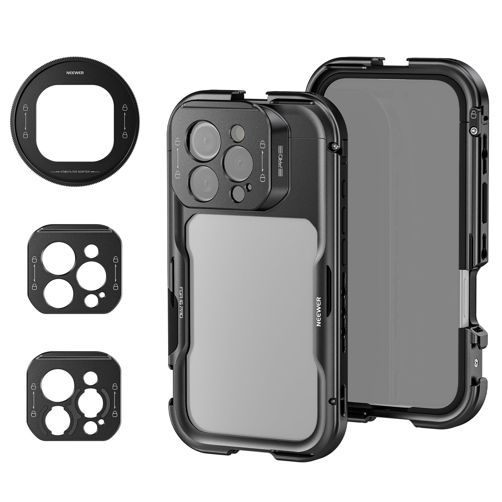 NEEWER 16 Pro Cage, Quick Release Video Rig Phone Stabilizer Compatible with iPhone 16 Pro with 67mm Filter Adapter, 17mm Lens Backplate, T Mount Lens Adapter Compatible with Moment, PA073