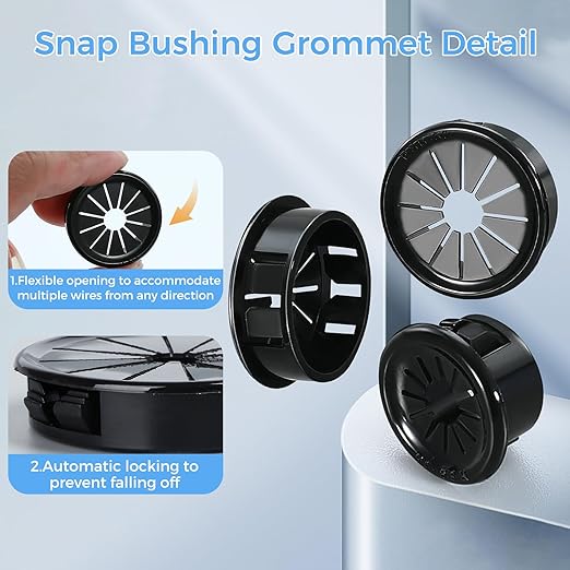 12 Pcs Cable Grommet, Snap Bushing 1-1/2" (38 mm) Mounting Diameter, Flexible Petal-Shaped Buckle Round Nylon Desk Grommet for Wires Through Countertop Cord Organizer and Protection, Black