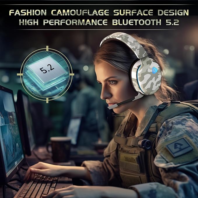 2.4GHz Wireless Gaming Headset for PS5, PS4 Fortnite & Call of Duty/FPS Gamers, PC, Nintendo Switch, Bluetooth 5.3 Gaming Headphones with Microphone for Computer, Mobile, Stereo Sound (Camo)