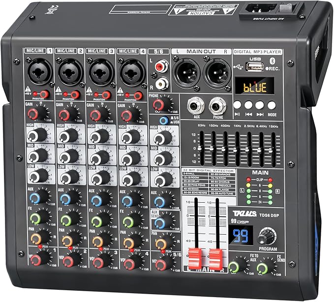 Audio Mixer, 6-Channel Professional DJ Mixer with 99-Bit DSP Effects, 7-Band EQ, 48V Phantom Power, MP3/Computer Input - Studio Audio Mixing Console for Recording & Live Performances