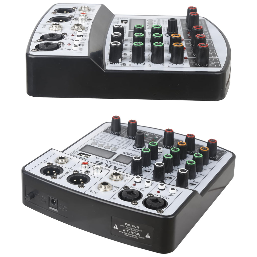 Dj Mixers 4 Channel Audio Mixer Sound Board with Bluetooth, Usb Audio Interface with 48V Phantom Power Sounds Mixer Board with 99 DSP FX Reverb Delay Effect