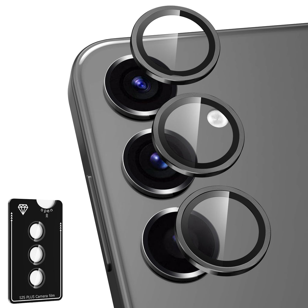 Avocase for Samsung Galaxy S25 Plus Camera Lens Protector, Individual Metal Ring Tempered Glass Lens Cover, [Strong Adsorption] Scratch Resistant Ultra-Thin HD Clear Lens Cover, 1 Set-Black