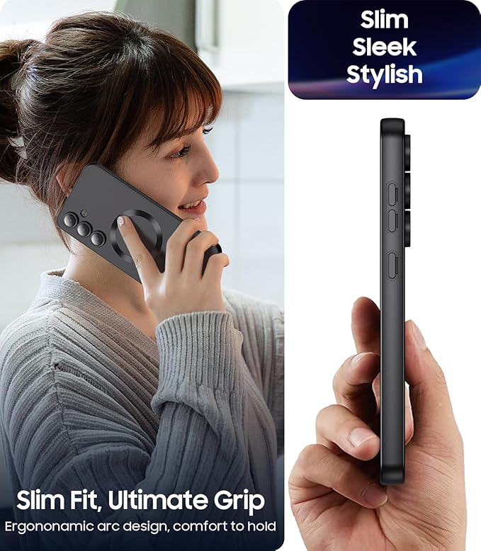 Magnetic for Samsung Galaxy S24 Case [Compatible with MagSafe][Built-in Camera Lens Protector] Slim Soft Silicone Bumper Shockproof Metallic Luster Phone Case (Black)