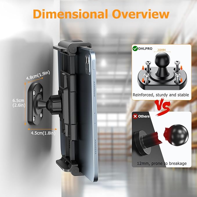 OHLPRO Tablet Wall Mount Holder 360° Rotating Adjustable Universal iPad Stand for Kitchen Office Warehouse Home, Compatible with 5"-13" Phone Tablets Galaxy Tabs Kindle Fire HD e-Reader Devices