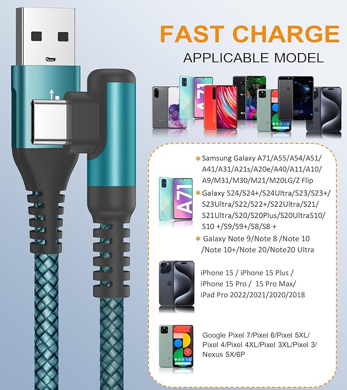 sweguard USB Type C Charger Cable Right Angle [2-Pack,6.6FT] iPhone 15 Charger Nylon Braided Cord for iPhone 16 15 Pro Max Samsung Galaxy S25 S24 S23 S22 S21 S20 S10 S9 Note A15 A55 Flip Pixel LG Moto