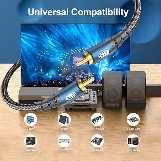 EMK Subwoofer Cable RCA to RCA Audio Cable 24K Gold-Plated Nylon Braided Double Shielded Digital Analogue Supports Amplifiers,Home Theater,Hi-Fi Systems,Subwoofer(30ft/10m)