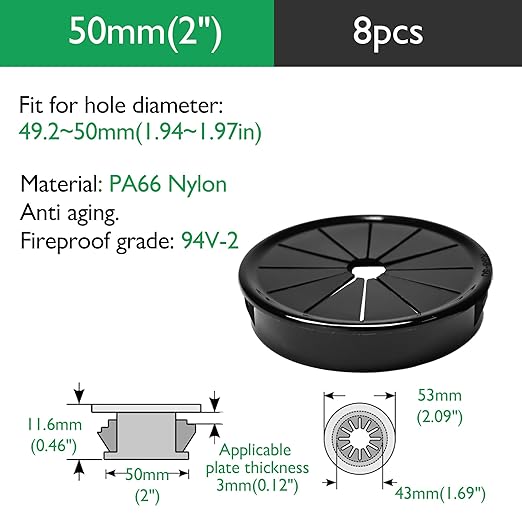 8PCS Cable Grommets, 2"(50mm) Desk Hole Cover Petal Shaped Buckle Type Nylon Snap Bushing Grommet, Wire Hole Cover Insert for Cables and Cords Management and Protection of Cabinet, Black