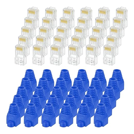 MECCANIXITY 60pcs Cat6 RJ45 Pass Through Connectors, RJ45 Connector 8P8C Gold Plated Plugs with 60pcs Blue Strain Relief Boots for Solid or Stranded UTP Ethernet Cable, 1.1mm