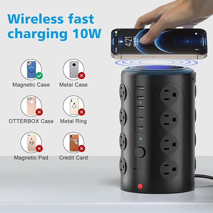Tower Power Strip with 15W Wireless Charger, 20FT Extension Cord with Multiple Outlets, 16 AC Outlets & 5 USB (2 USB C) Charging Station Surge Protector for Office Home Dorm Room (Black)
