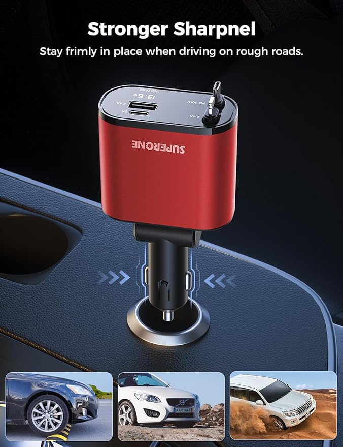 【Upgraded】 SUPERONE Retractable Car Charger 4 in 1, Fast Car Phone Charger with Cord 2.6ft, USB C and Apple Car Charger Adapter, Compatible with iPhone 15/15 Pro Max/14/13/12/11, Galaxy, Pixel