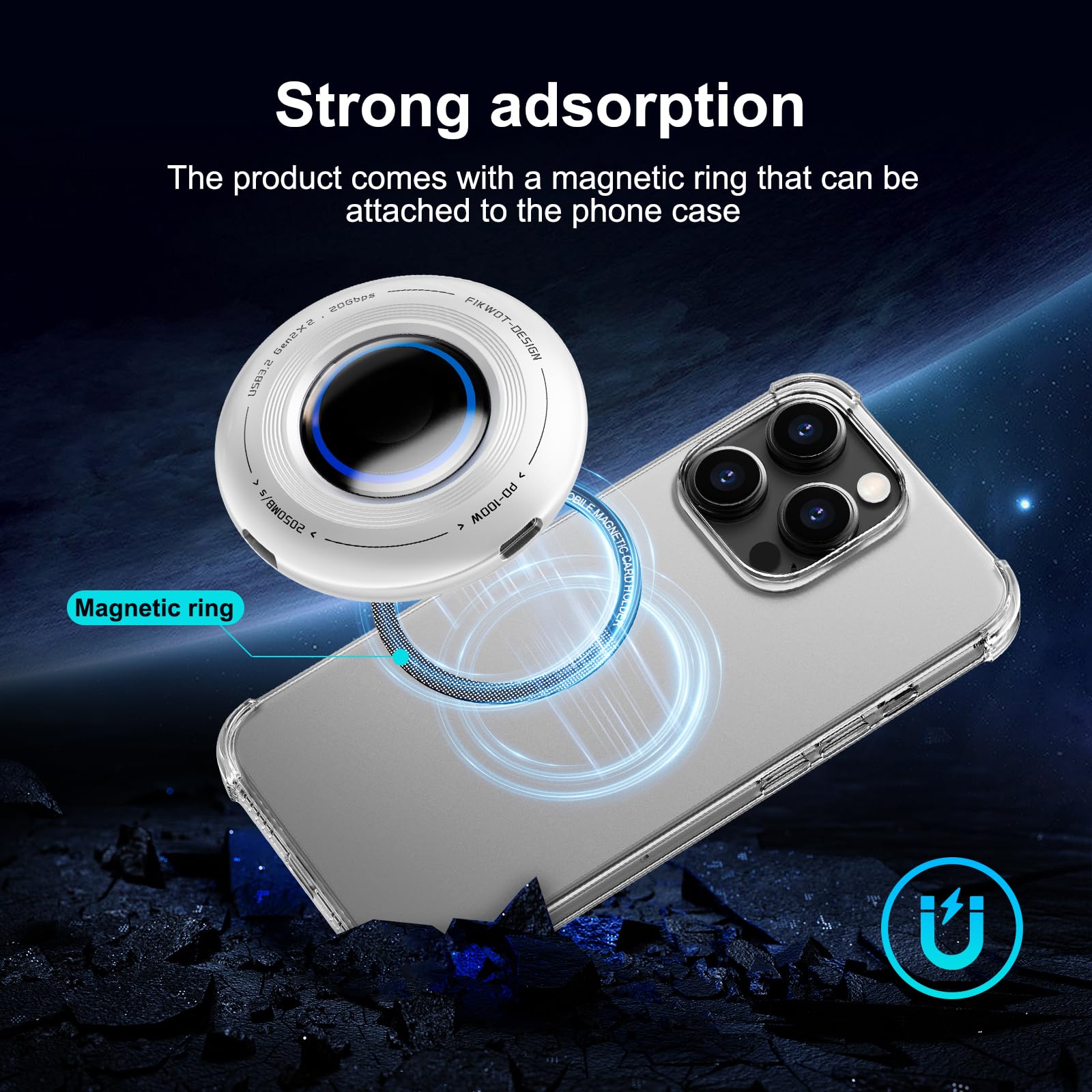 FP108 1TB Magnetic Portable SSD, External Solid State Drives with PD-100W and 2050MB/s USB-C 3.2 Gen 2x2, Play While Charging, Compatible with iPhone 16/15 Pro Max, Android, PC, Mac, Switch Lite