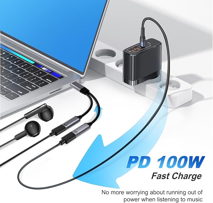 USB C Splitter，2 in 1 USB C Headphone and Charger Adapter Audio Dongle Cable with PD 100W for iPhone 16 15 Pro Max, Pixel 9 8 7, Galaxy S24 S23 S22, iPad Pro