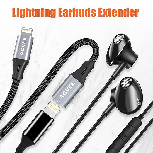 AGVEE 2 Pack 6.6ft Lightning Extension Cable, Braided Female to Male Extender Full Function Cord Compatible with iPhone iPad, Data Sync Video Audio & Charging Connector Adapter, Dark Gray
