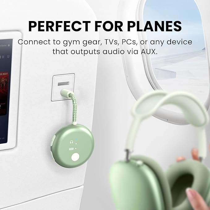 Avantree SoundJet R1 – Airplane Bluetooth Adapter for Headphones & AirPods, aptX Adaptive, Qualcomm Chipset, 20H Battery, Wireless Audio Transmitter for in-Flight Travel Essentials - Green