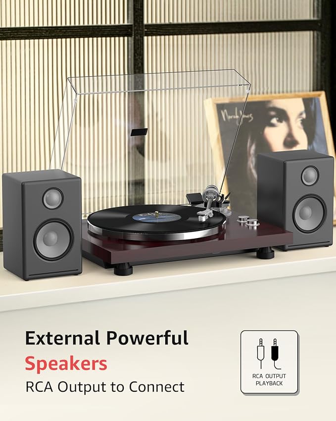 Turntable Record Player Wireless Output Carbon Fiber Tonearm Vinyl Player Aluminium Platter Belt-Drive LP Turn Tables 33 1/3&45 RPM Audio Phono RCA Line Out AT-3600L MM Cartridge Pale Walnut Red