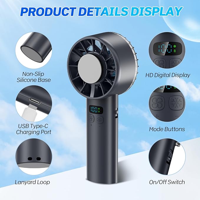 2025 Portable Handheld Ice Fan, Turbo Cooling Fans, 5200mAh, 100 Gear Hurricane Wind, ANC Silent Motor, Digital Display, USB C Rechargeable, Mini Icy Personal Electric Fan for Outdoor & Indoor (Black)