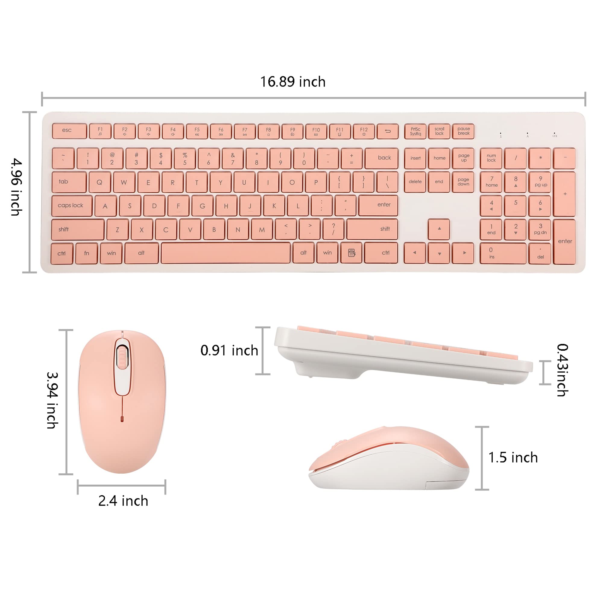 Wireless Keyboard and Mouse Combo, 2.4G Silent Cordless Keyboard Mouse Combo for Windows Chrome Laptop Computer PC Desktop, 106 Keys Full Size with Number Pad, 1600 DPI Optical Mouse (Pink)