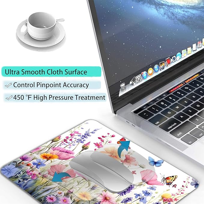 Colorful Wildflowers Floral Butterfly Custom Mouse Pad with Non-Slip Rubber, Small Square Design for Wireless Laptop & Computer Mouse Pads for Desk, 9.5 x 7.9 inch Smooth Surface for Gaming & Office