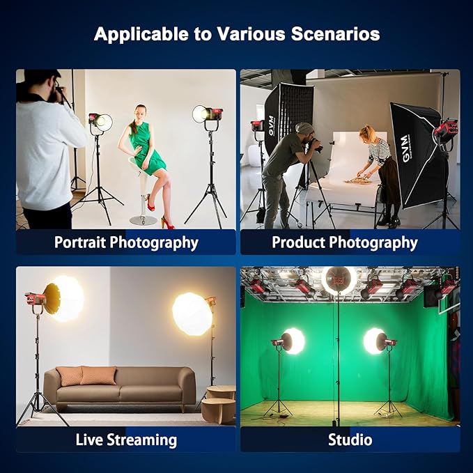 GVM LED Video Light Kit 65000Lux/m, 300W Studio Lights with Lantern Softbox, Dimmable 2700-6800K Video Lighting with Bowens Mount, Photography Lighting for Video Recording CRI 97+ 12 Effects