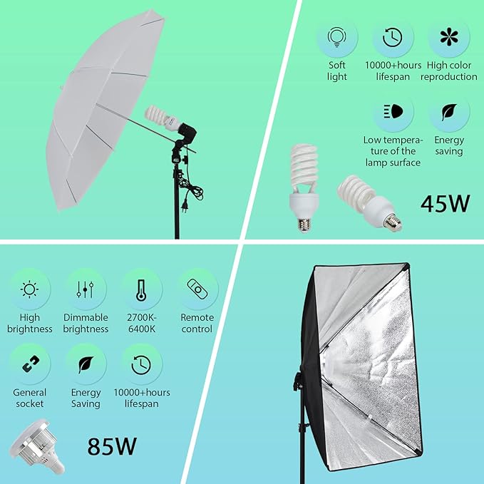 PioneerWorks Photography Lighting kit with Backdrops, 8.5ftx10ft Backdrop Stand, 5 tripod stands and Bulb, Umbrella Softbox Continuous Lighting, Photo Studio Equipment for Portrait Product Photo Shoot