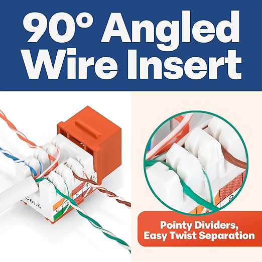 Everest 90° Angled RJ45 Cat6 Keystone Jacks 20-Pack in Orange - Slim Profile Female RJ45 Connectors - Cat 6 Keystone Jack - Compatible with 90° Angled Speed Termination Tool - easyJACK (B094WB91H3)