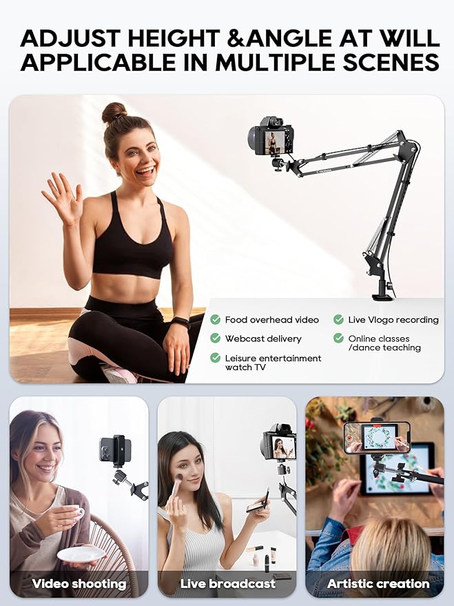 Overhead Camera Mount, 5lb Horizontal Load-Bearing, 360° Adjustable Stand for Desk, Flexible with Phone Clamp, Tabletop Mount for DSLR Camera/Webcam/Microphone