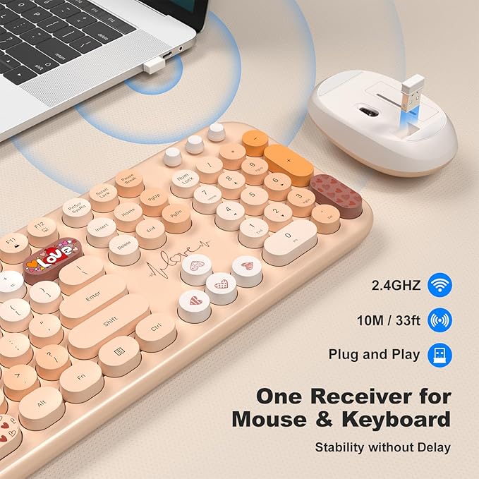 KNOWSQT Wireless Keyboard and Mouse Combo - Lovely Milktea Rainbow Full-Sized Typewriter Colorful Keyboards, Round Keycap USB Plug Play Retro Cute Keyboards for Windows, Laptop, PC, Desktop, Computer