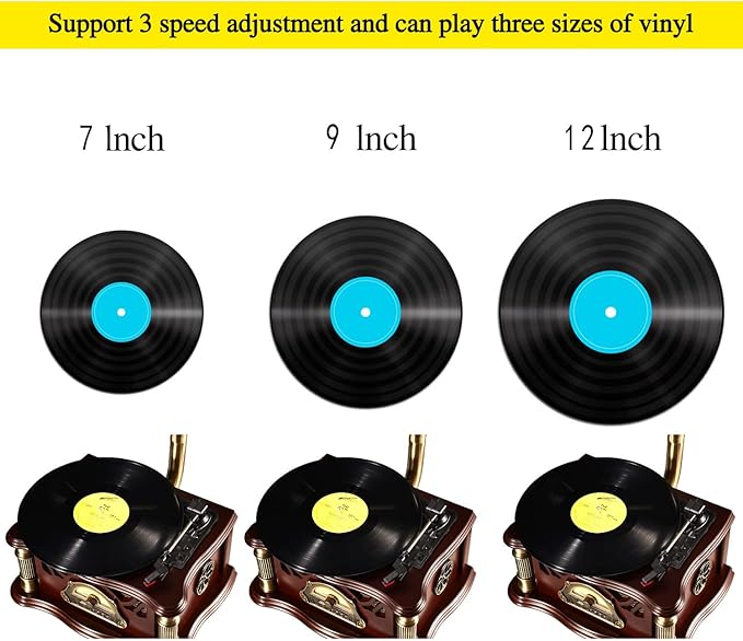 Vintage Gramophone with Bluetooth Output Vintage Record Players Retro Gramophone Turntables for 7" 9" 12" Vinyl Records 3 Speed, Hi-Fi, Handcrafted by Pure Oak(White Gold)