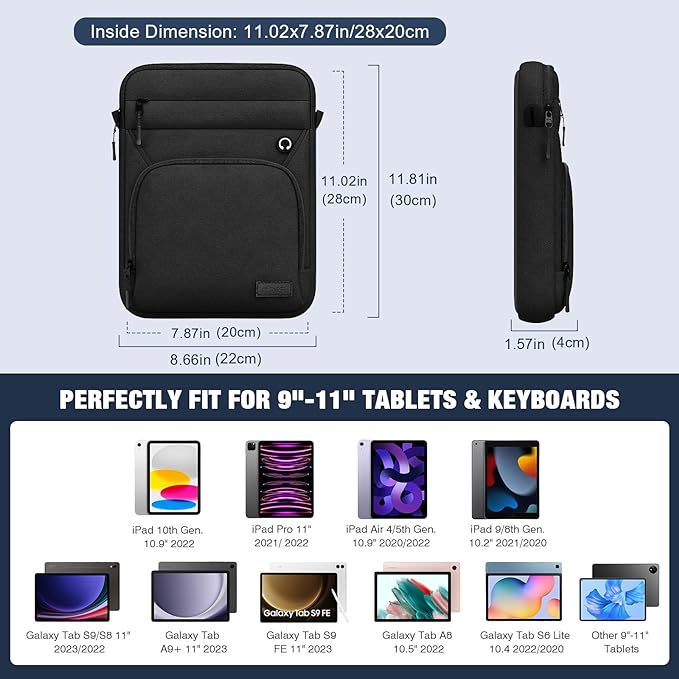 MoKo 9-11 Inch Tablet Sleeve Bag, Fits iPad Air 5/4th 10.9, iPad 9/8/7th 10.2, iPad 10th Gen. 10.9, iPad Pro 11 Inch, Tab S8/S9 11, Multifunctional Bag with Shoulder and Headphone Port, Black