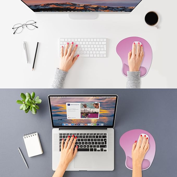 ITNRSIIET Ergonomic Mouse Pad, Cushioned Gel Wrist Rest, Non-Slip Base, Smooth Surface, Compatible with All Mice for Office & Gaming, Desk Accessory, 9.5 x 8.2 inch, Soft Pink Gradient