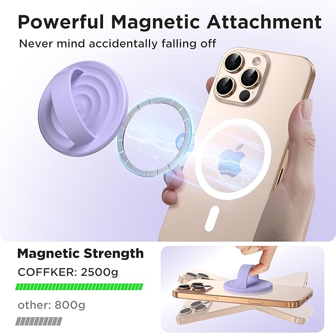 Magnetic Phone Ring Grip Holder, Silicone Finger Loop Grip, Compatible with MasSafe, Back of Phone for iPhone Pro Max/Plus/16/15/15/14/13/12 Series, Lilac Purple