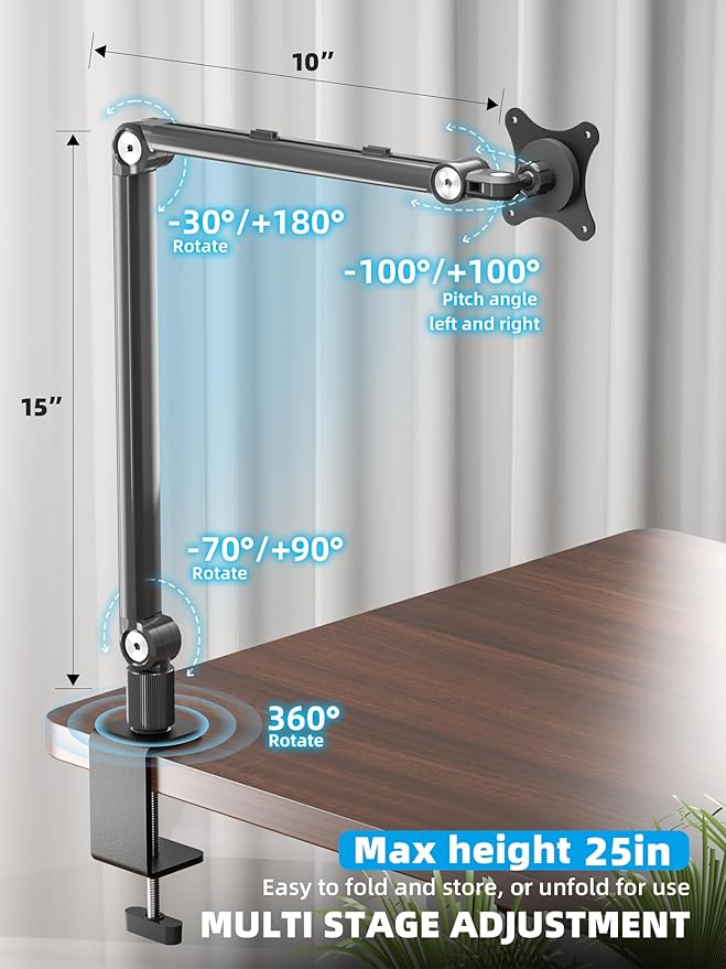 Portable Monitor Arm Magnetic Vesa Mount - 360° Swivel Compatible with 10 10.1 10.5 11 11.6 12 12.5 13.3 13.4 14 15.6 17 17.3 18 18.5 inch Monitor 75x75mm VESA Quick Release FS07D