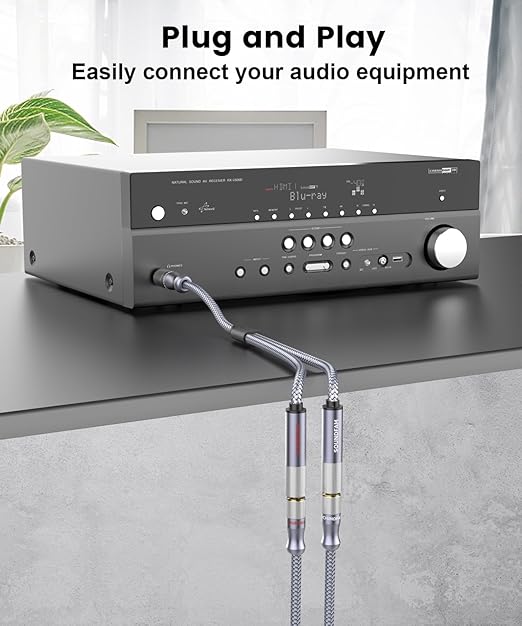 Microphone Splitter 2 Feet/60CM TRS 1/4 inch Splitter 1 Male to 2 Female, 6.35mm Stereo Male Plug to Dual 6.35mm Female-Grey (1PACK)