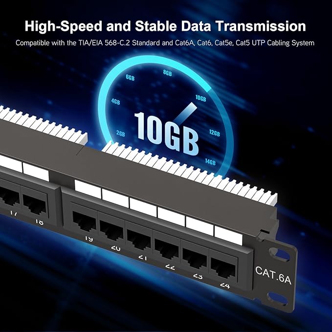 Iwillink 10Gbps Cat6A Patch Panel 24 Port, RJ45 Patch Panel UTP 19-Inch, 1U Network Patch Panel Wallmount or Rackmount Punch Down Block for Cat6A, Cat6, Cat5e, Cat5 Cabling