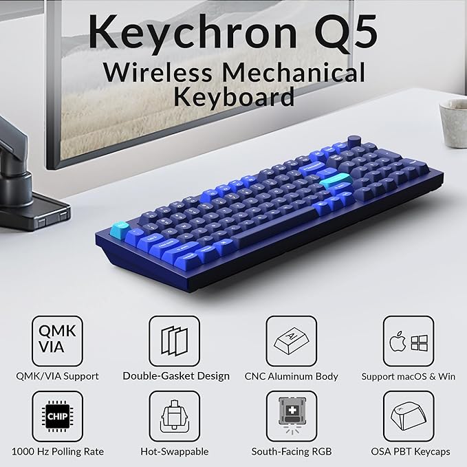 Keychron Q5 Wired Custom Mechanical Keyboard Knob Version, 96% Layout QMK/VIA Programmable Macro with Hot-swappable Gateron G Pro Blue Switch Double Gasket Compatible with Mac Windows Linux (Blue)