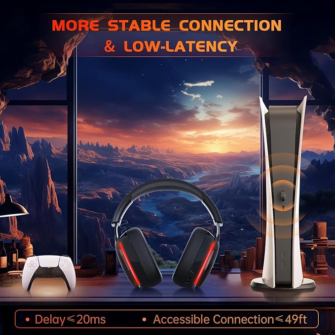 2.4GHz Wireless Gaming Headset for PS5, PS4 Fortnite & Call of Duty/FPS Gamers, PC, Nintendo Switch, Bluetooth 5.3 Gaming Headphones with Mic, Stereo Sound, Red Light -BlackRed