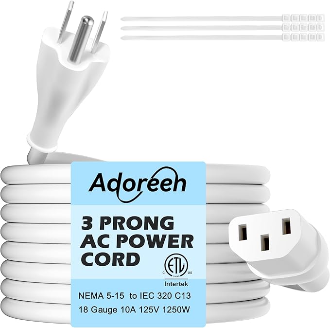 Adoreen 6 Ft Computer TV Replacement Power Cord White, 18AWG 3-Prong AC Universal Power Supply Cable NEMA 5-15P to IEC 320 C13 for Printer, PC, Monitor TV LCD, ETL+Ties