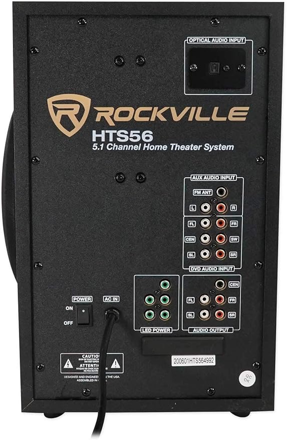 Rockville HTS56 1000W 5.1 Channel Home Theater System, Bluetooth, USB, 8" Subwoofer, LED Light Effects, Remote Control, Optical Input, for Movies, Music & Karaoke
