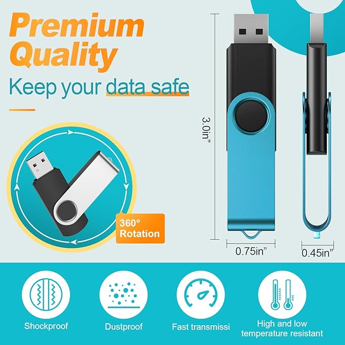 Kepmem USB Flash Drive 64GB 10 Pack USB 3.0 Thumb Drives Value 64 GB Memory Sticks Mixed Colors Pendrive Portable 64 Giga Jump Drive Bulk Swivel 10 Pieces Zip Drives for Data Storage and Backup