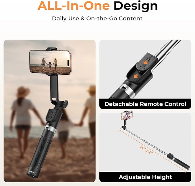 Sensyne Selfie Stick for Phone, Extendable Travel Tripod with Detachable Remote for Photography, Selfies, Compatible with All Cell Phones, Black