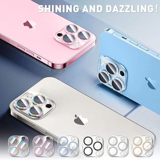 LucBuy 3PCS Sparkling Camera Lens Protector for iPhone 15 Pro/iPhone 15 Pro Max, Full Clear Acrylic Cover with Shiny Colorful Glitter Designed Decoration Back Camera Protector
