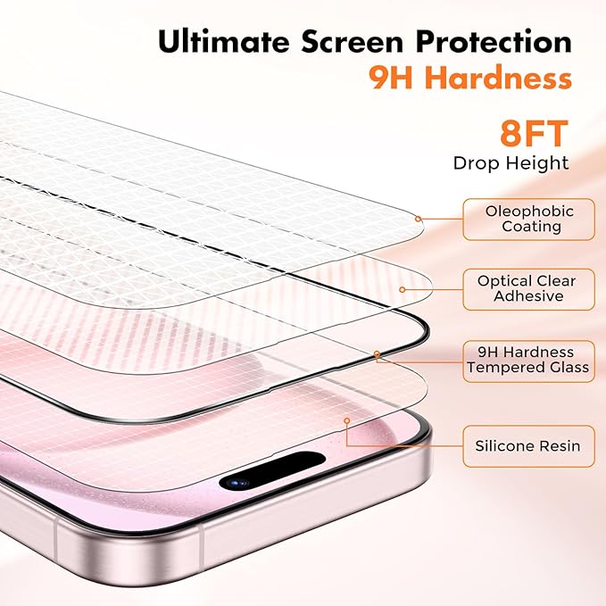 UNBREAKcable 3-Pack Screen Protector for iPhone 15, Double Shatterproof Tempered Glass [Easy Installation Frame] [99.99% HD Clear] [9H Hardness] [Full Coverage] [Case Friendly] for iPhone 6.1 inch