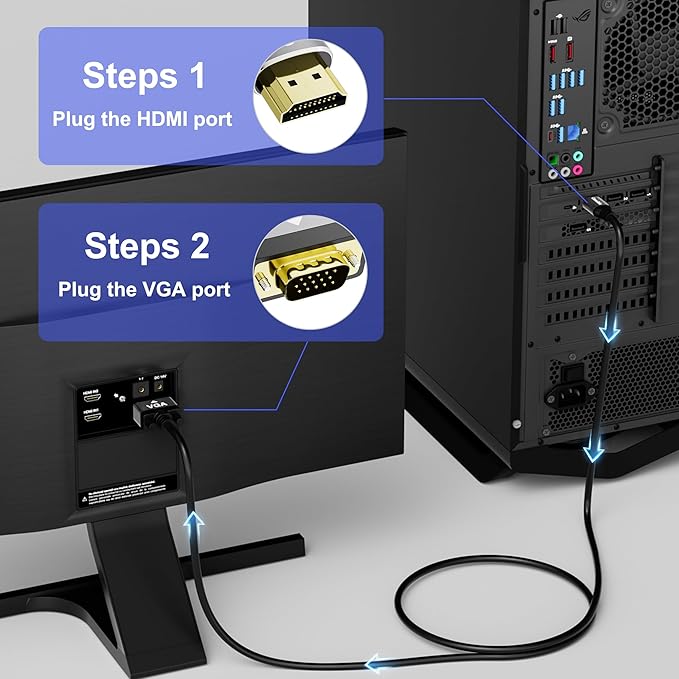 HDMI to VGA Cable 15 FT, Uni-Directional HDMI (Source) to VGA (Display) Cable, Black Male to Male Cord, Gold-plated Connectors, Aluminum Shells, for PC, Desktop, Laptop, Monitor, Projector, HDTV, Xbox