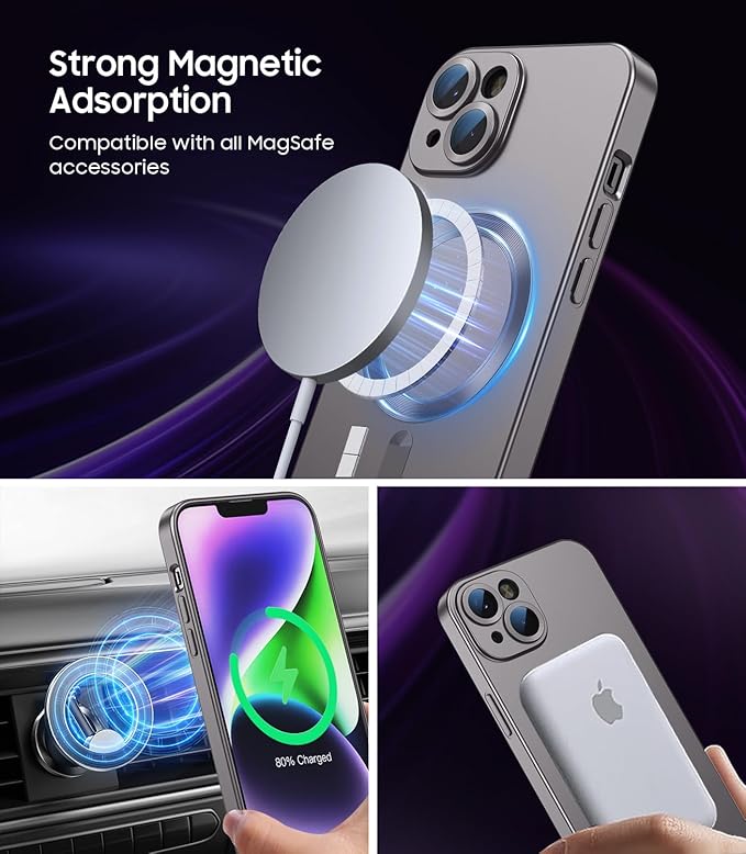 Magnetic for iPhone 14 Case [Compatible with MagSafe][Built-in Camera Lens Protector] Slim Soft Silicone Bumper Shockproof Metallic Luster Phone Case (Gray)